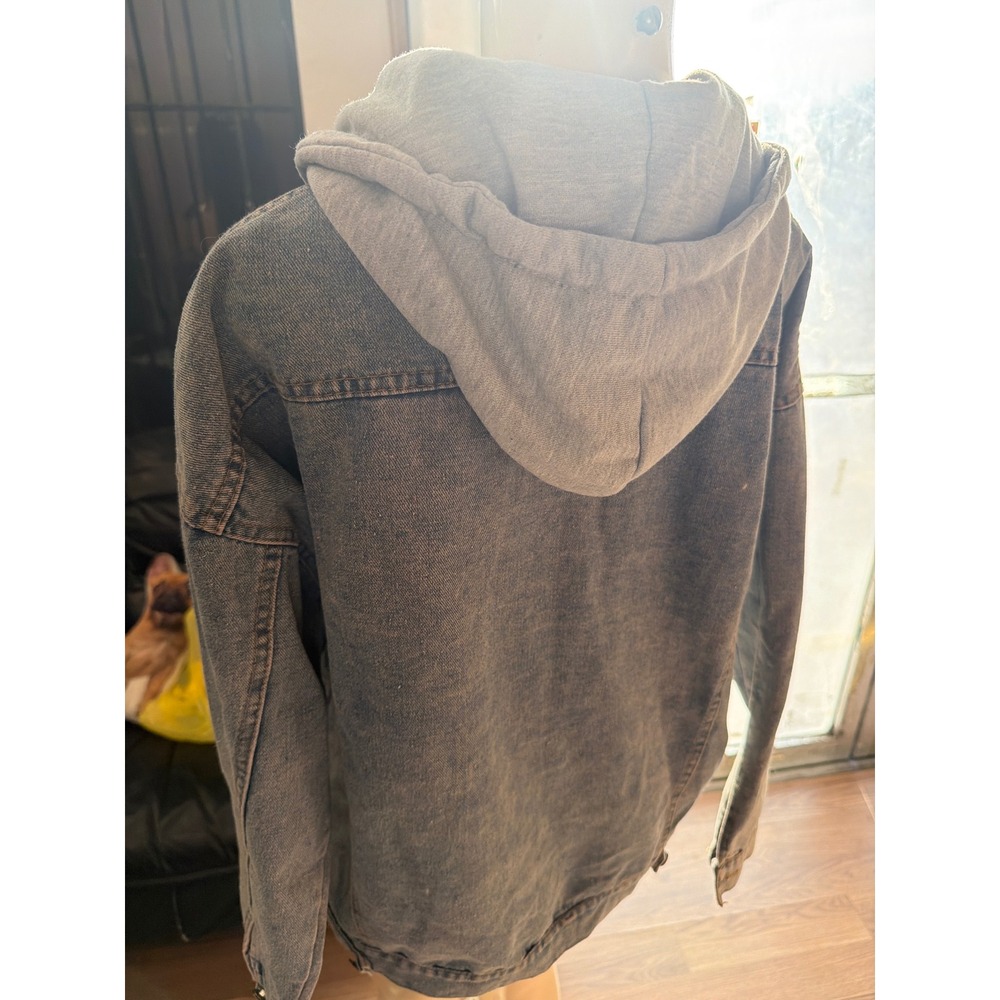 Amy Denim Jacket with Grey Hood Medium Wash Button Up Layered Look Streetwear - Picture 5 of 8